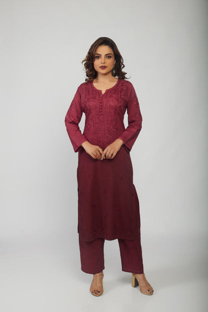 Chanderi Kurti And Palazzo Chikankari Set Brown - prisachiofficial