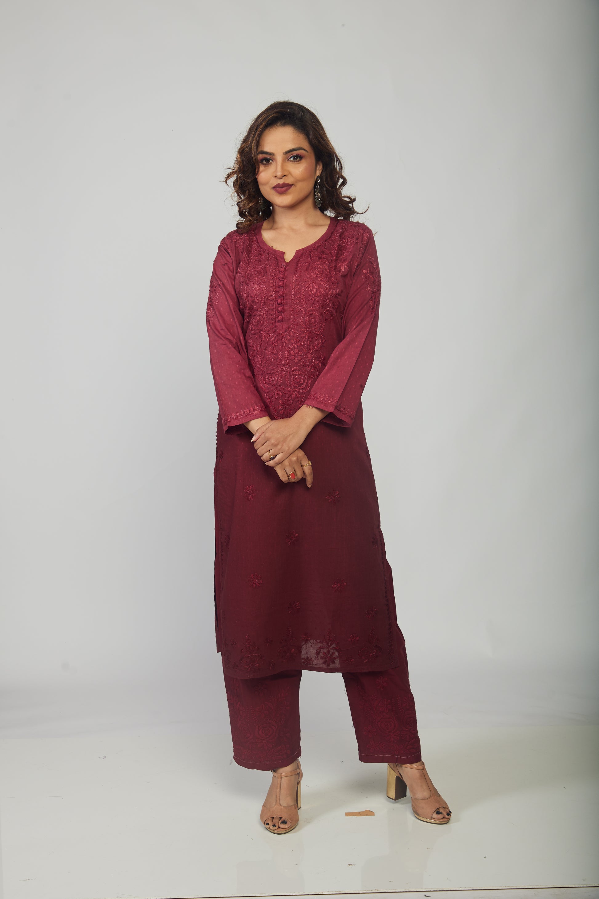 Chanderi Kurti And Palazzo Chikankari Set Brown - prisachiofficial