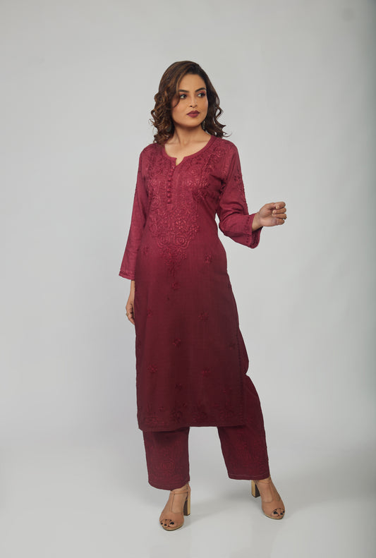 Chanderi Kurti And Palazzo Chikankari Set Brown - prisachiofficial