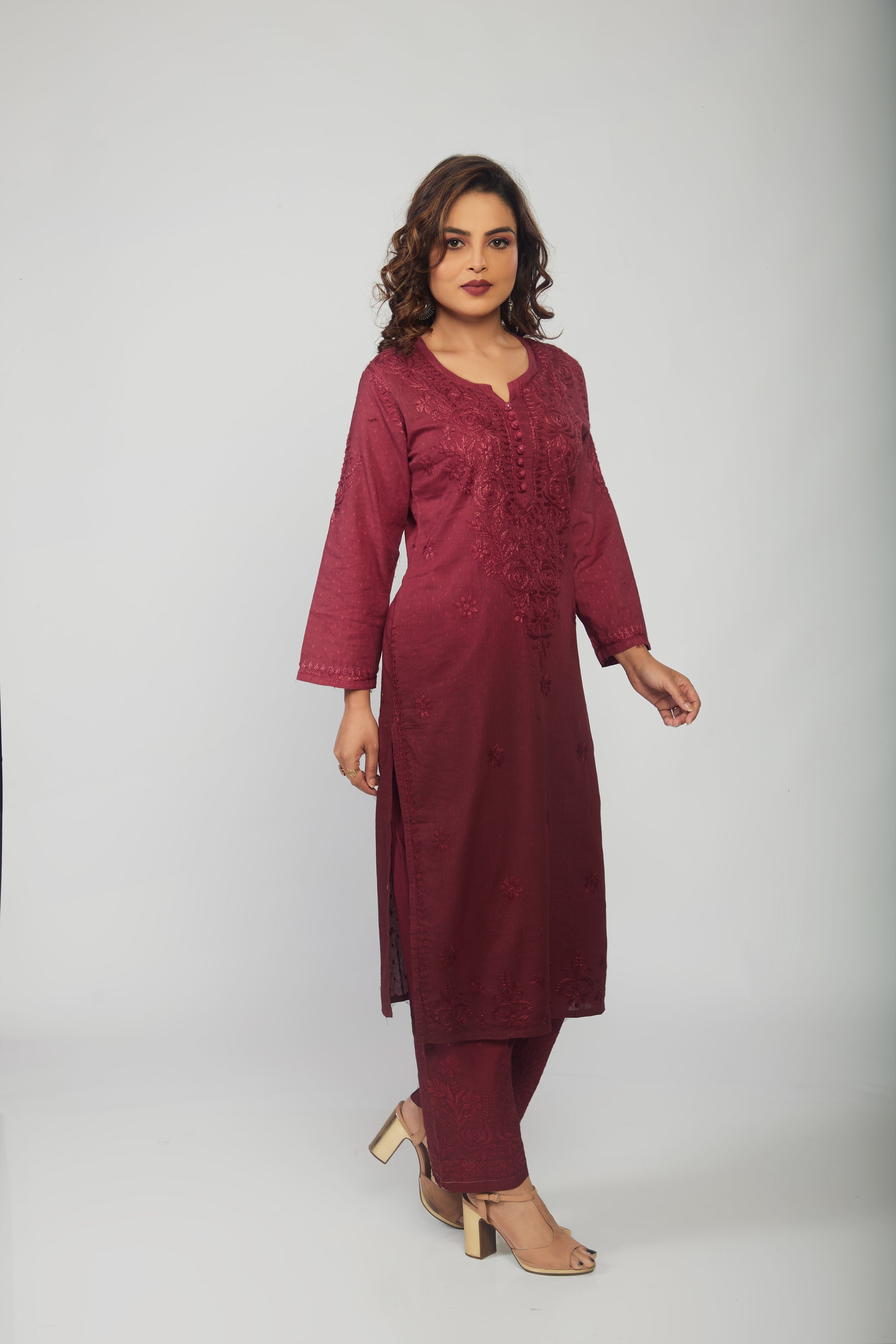 Chanderi Kurti And Palazzo Chikankari Set Brown - prisachiofficial