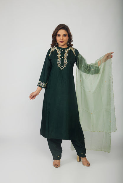 Green Musline Kurti Pant with Organza Dupttaa - prisachiofficial