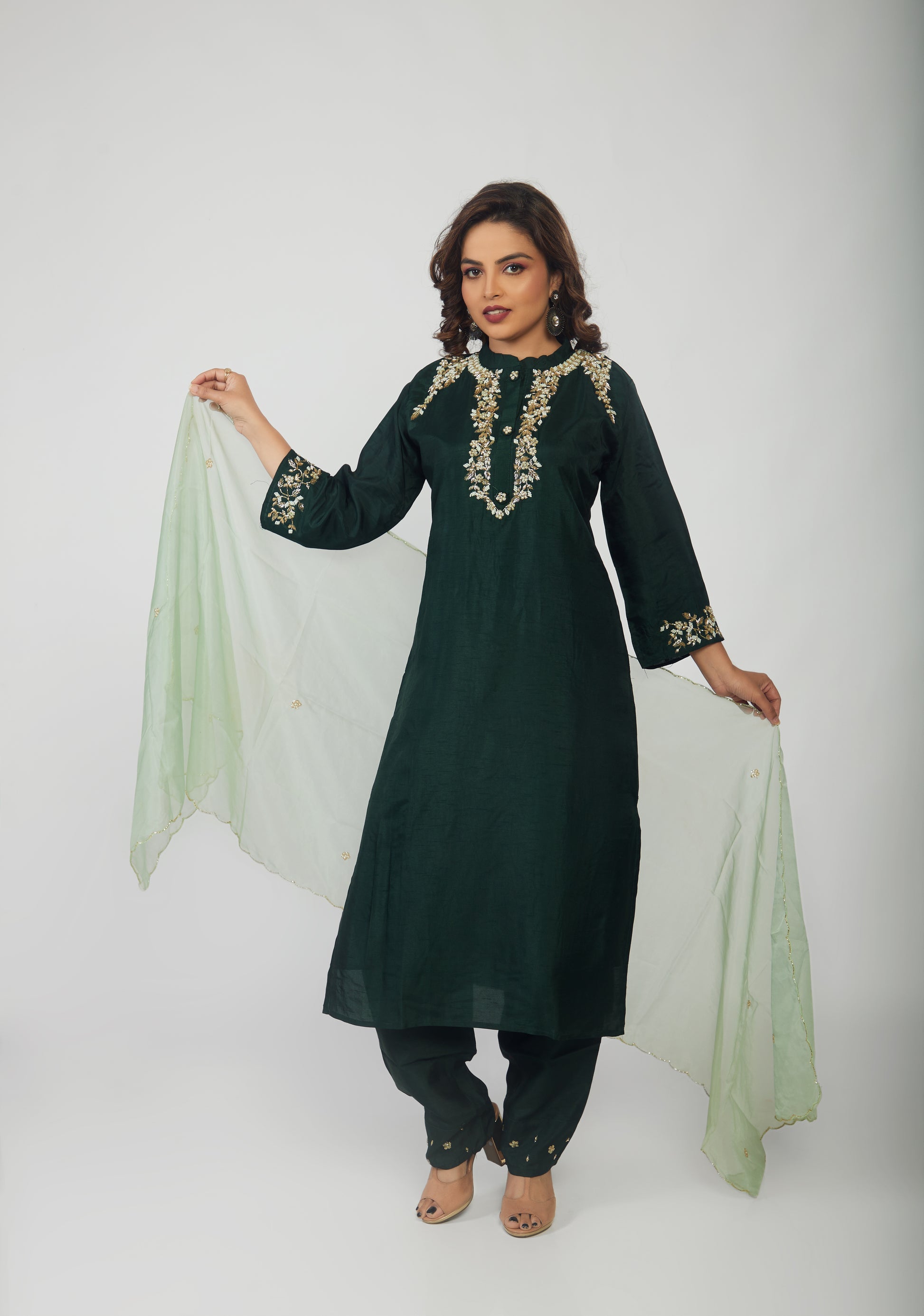 Green Musline Kurti Pant with Organza Dupttaa - prisachiofficial