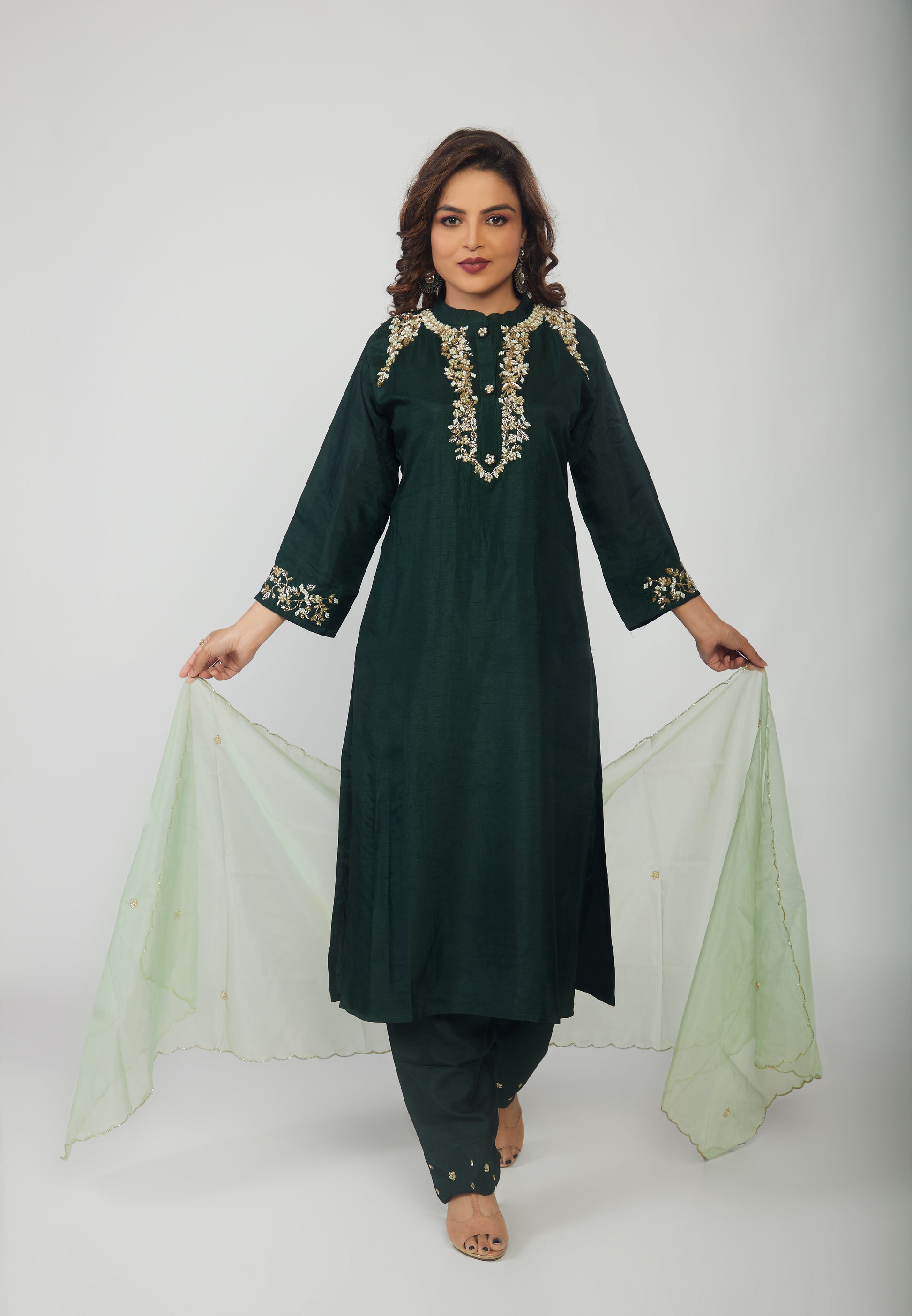 Green Musline Kurti Pant with Organza Dupttaa - prisachiofficial