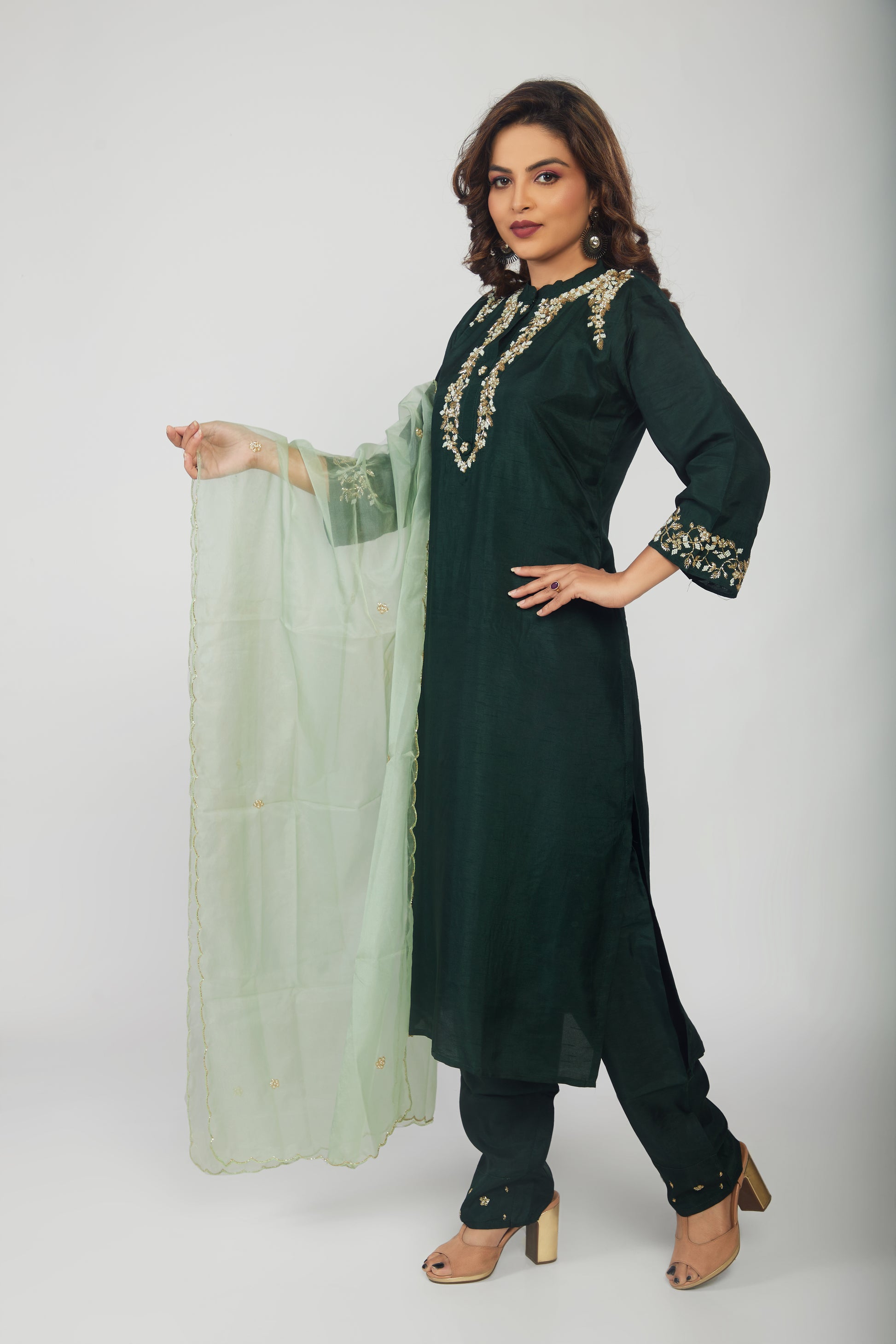 Green Musline Kurti Pant with Organza Dupttaa - prisachiofficial