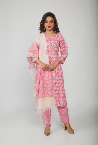 Pink Cotton Kurti pant with White dupttaa - prisachiofficial