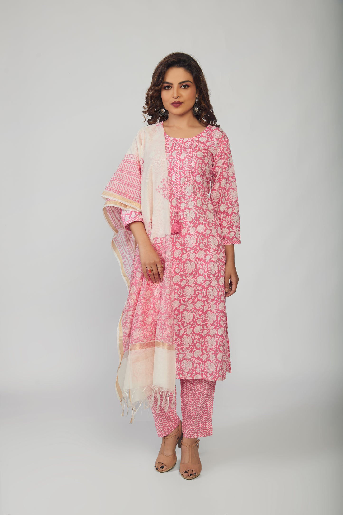 Pink Cotton Kurti pant with White dupttaa - prisachiofficial