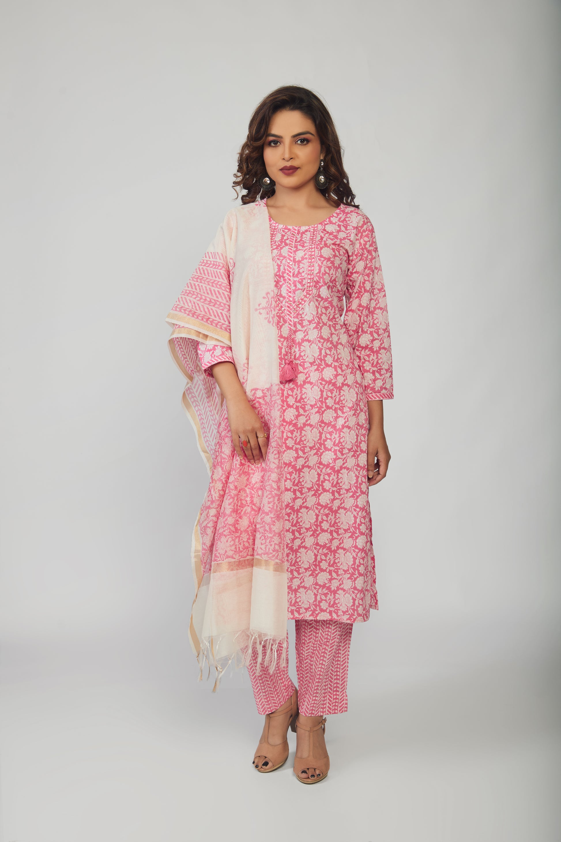 Pink Cotton Kurti pant with White dupttaa - prisachiofficial