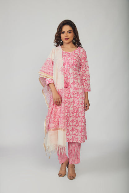 Pink Cotton Kurti pant with White dupttaa - prisachiofficial