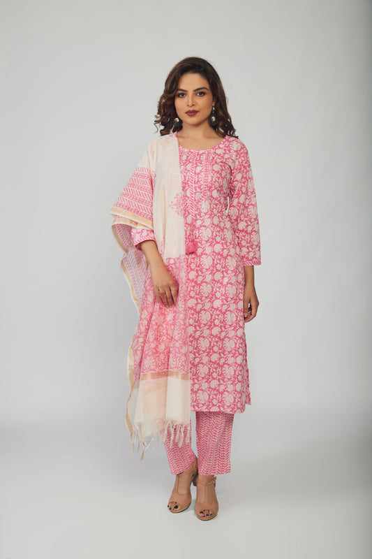 Pink Cotton Kurti pant with White dupttaa - prisachiofficial