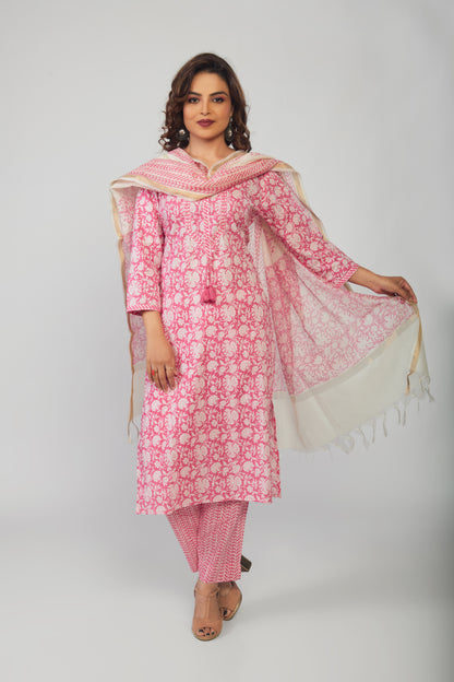 Pink Cotton Kurti pant with White dupttaa - prisachiofficial