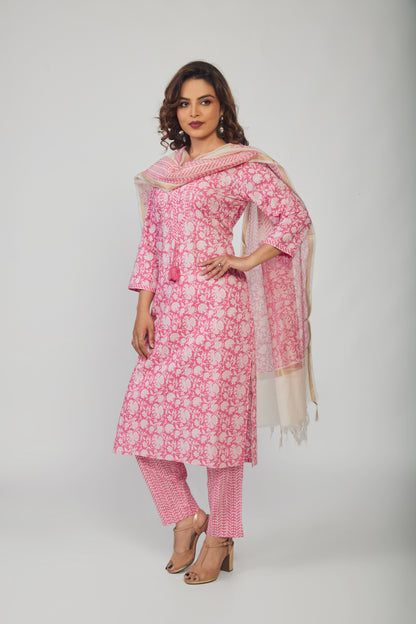 Pink Cotton Kurti pant with White dupttaa - prisachiofficial