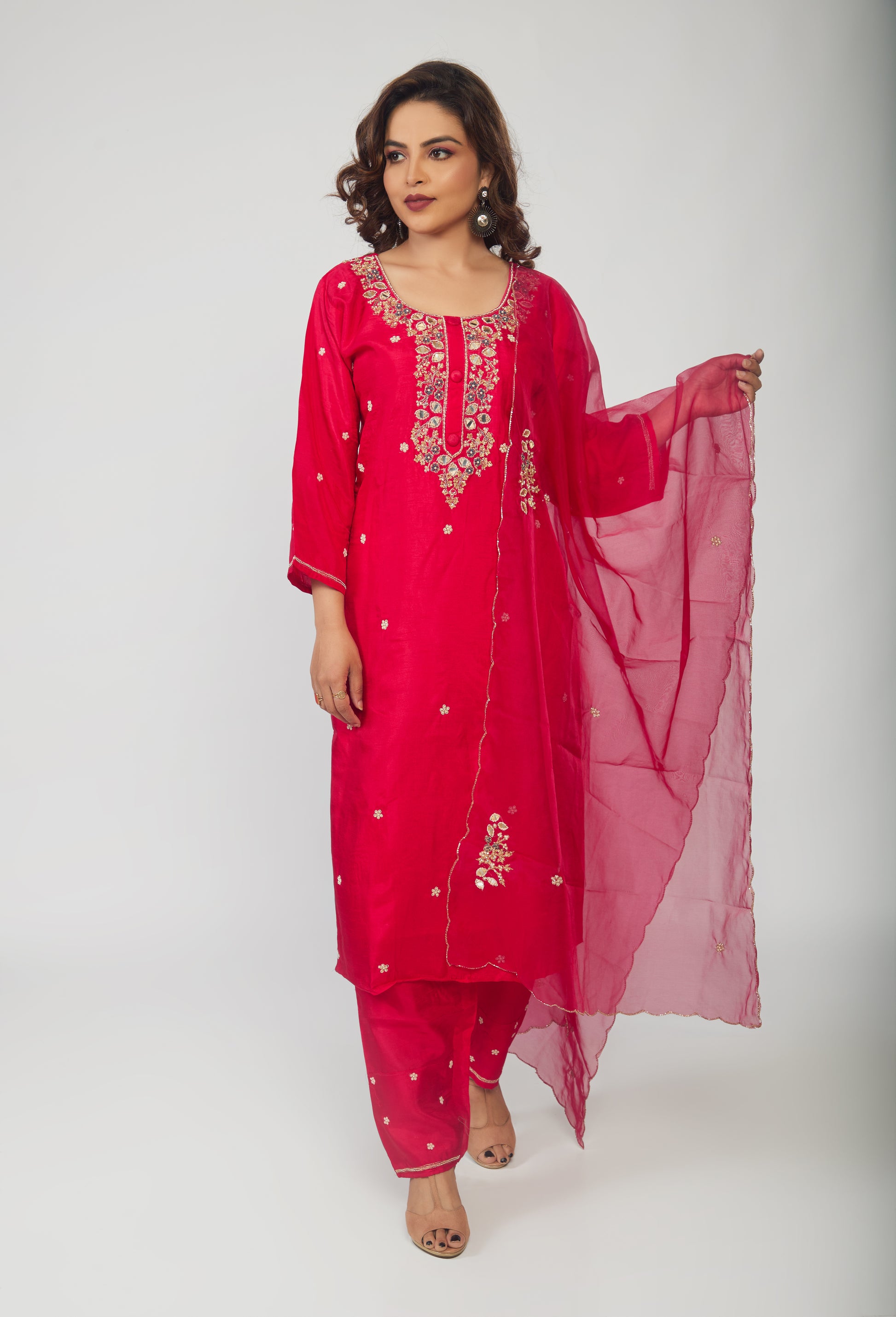 Red Musline Kurti Pant with Organza Dupttaa - prisachiofficial