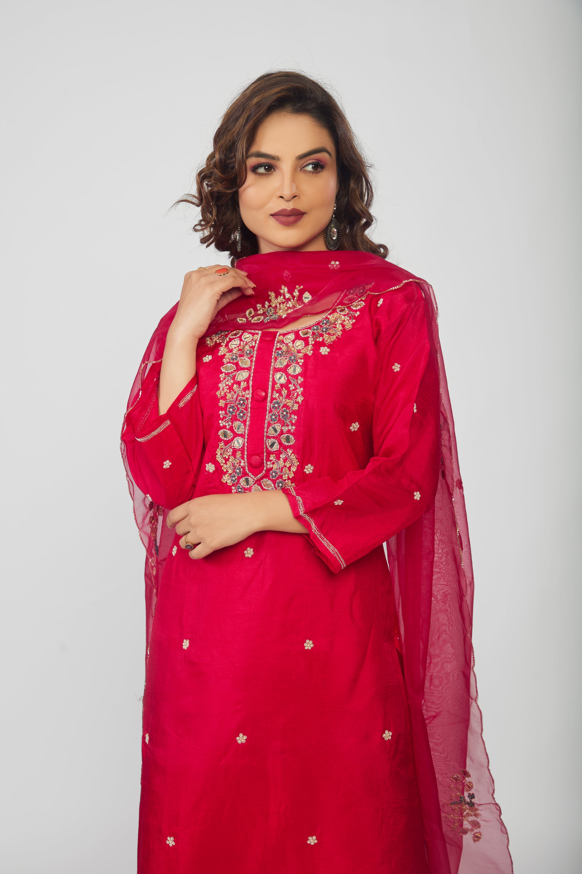 Red Musline Kurti Pant with Organza Dupttaa - prisachiofficial