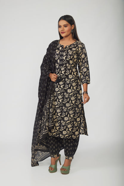 Floral Printed Cotton Kurta With Pants & Dupatta - prisachiofficial