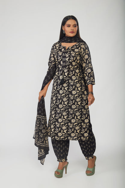 Floral Printed Cotton Kurta With Pants & Dupatta - prisachiofficial