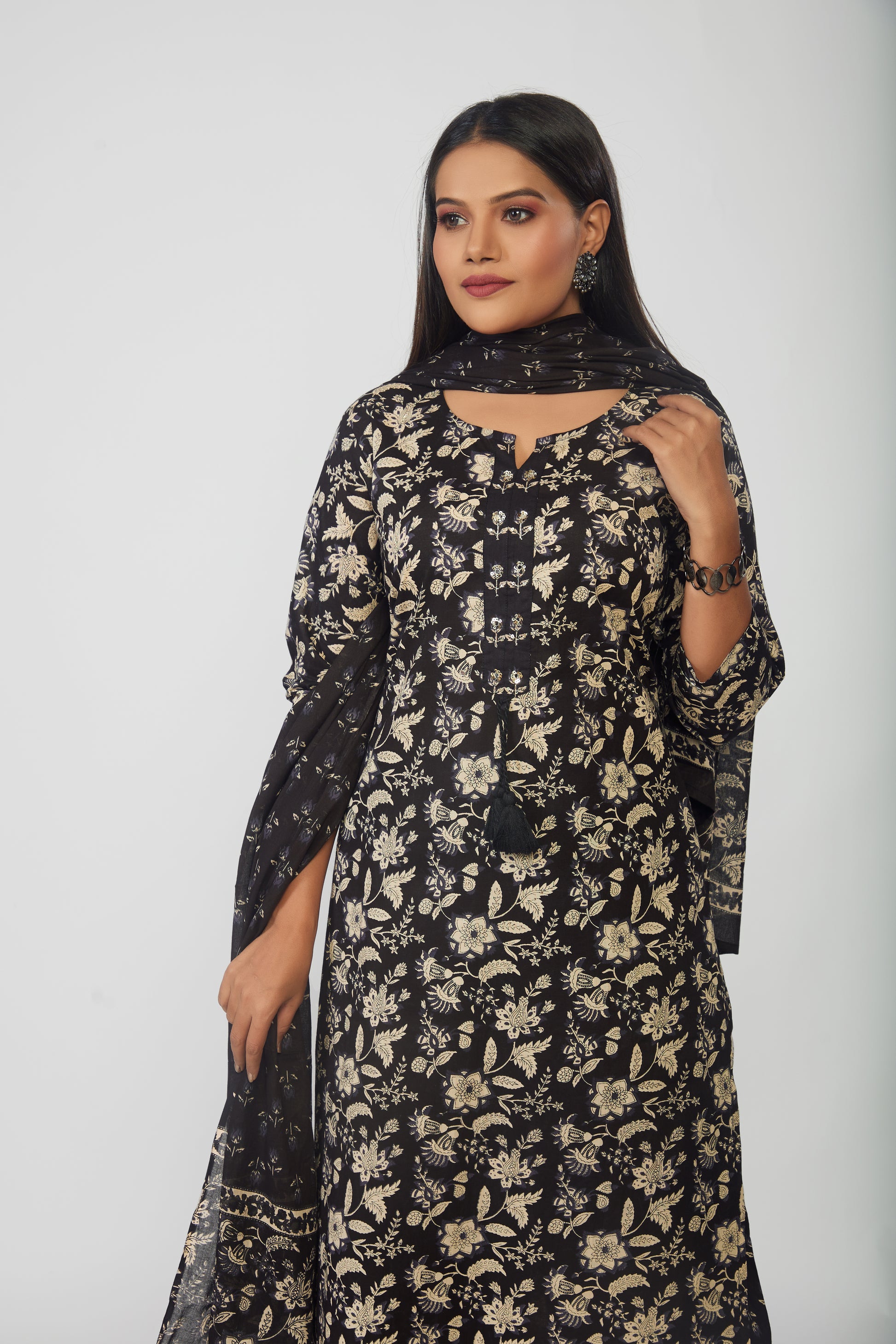 Floral Printed Cotton Kurta With Pants & Dupatta - prisachiofficial