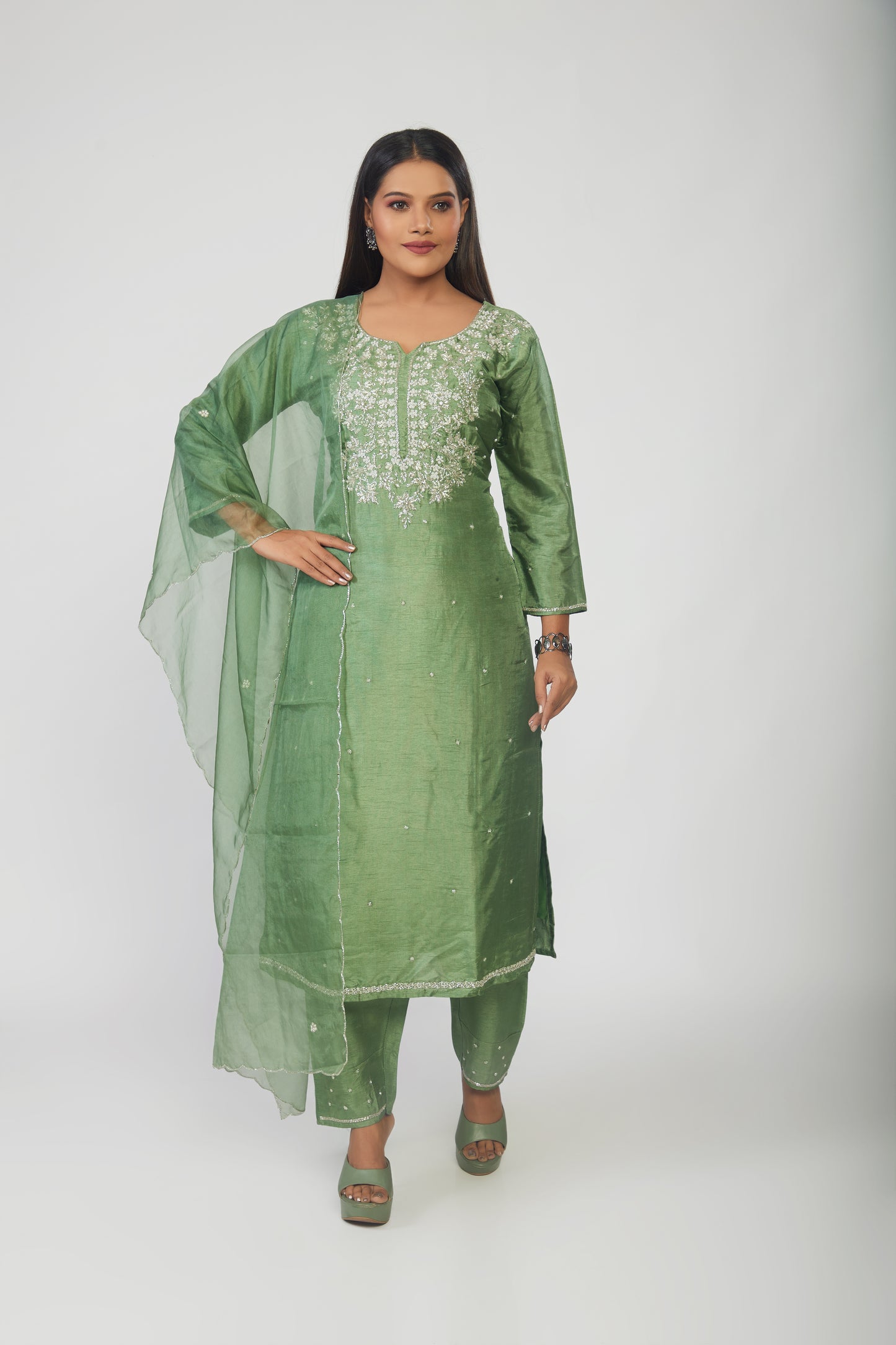 Green Embroidered Straight Kurta Set with Dupatta - prisachiofficial