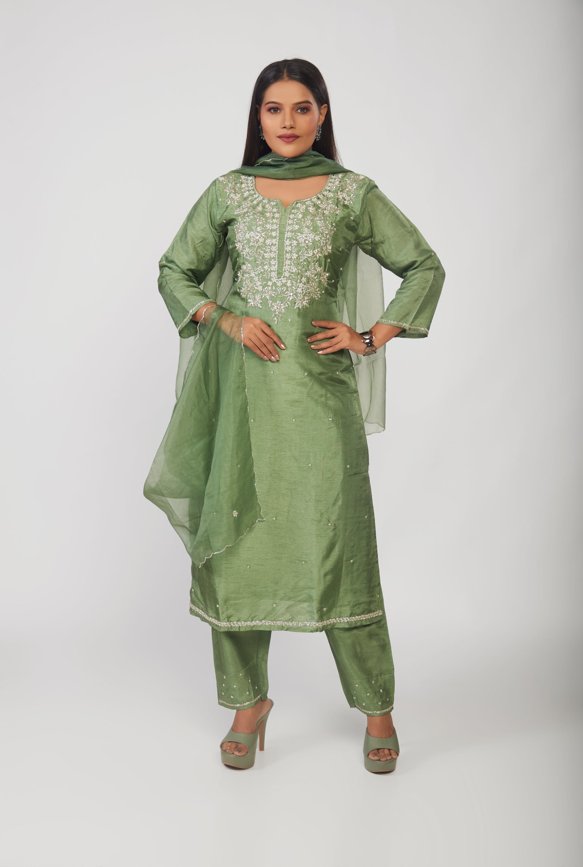 Green Embroidered Straight Kurta Set with Dupatta - prisachiofficial