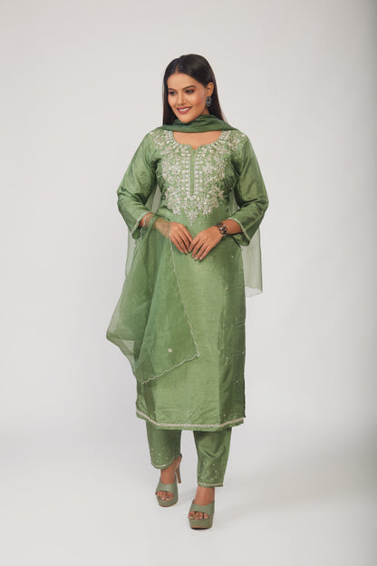 Green Embroidered Straight Kurta Set with Dupatta - prisachiofficial