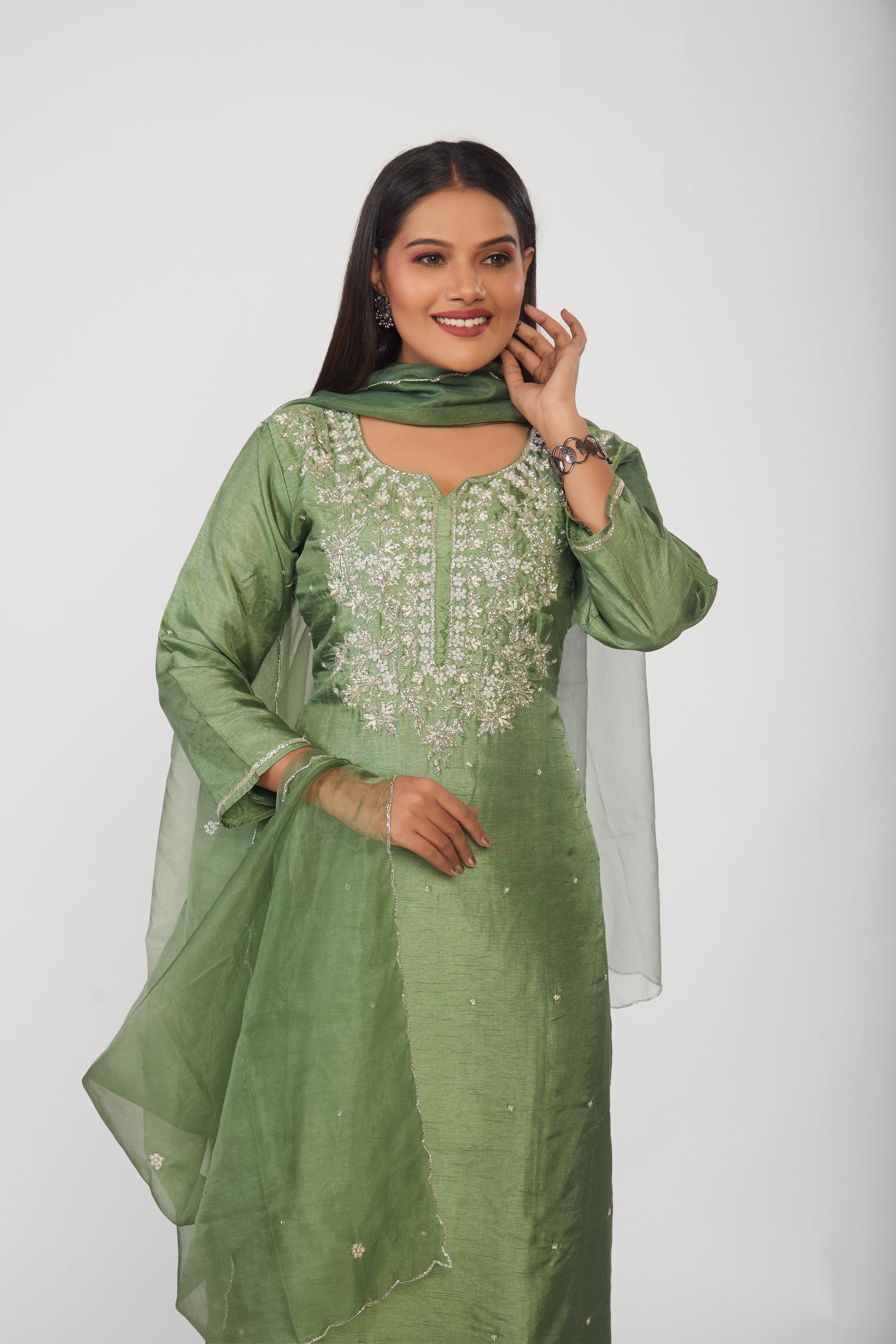 Green Embroidered Straight Kurta Set with Dupatta - prisachiofficial