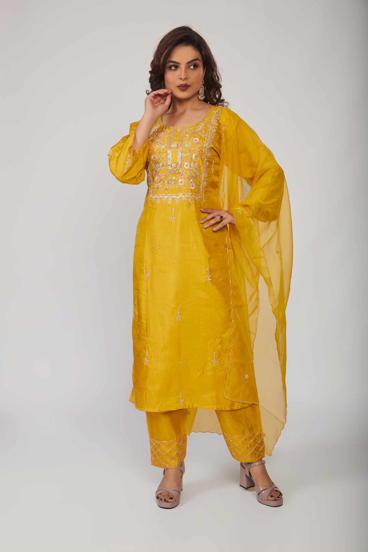 Yellow Embroidered Kurta Trouser Pant Dupatta Set - prisachiofficial