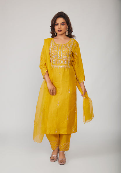 Yellow Embroidered Kurta Trouser Pant Dupatta Set - prisachiofficial