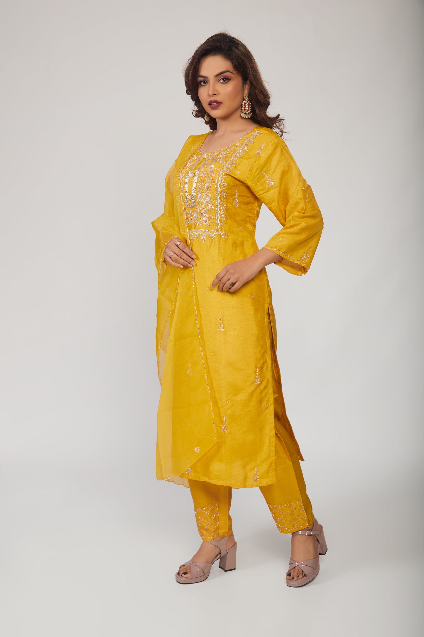 Yellow Embroidered Kurta Trouser Pant Dupatta Set - prisachiofficial