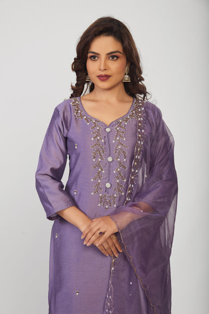 Purple embroidered kurta set with dupatta - prisachiofficial