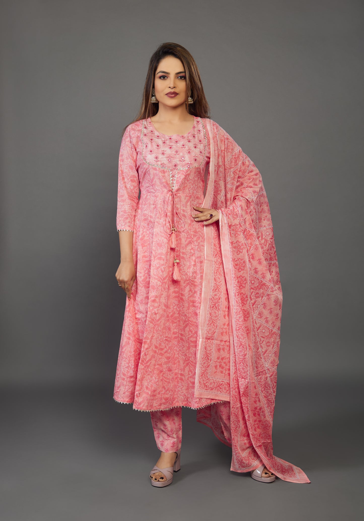 Printed Pure Cotton Punjabi Suit in Pink - prisachiofficial