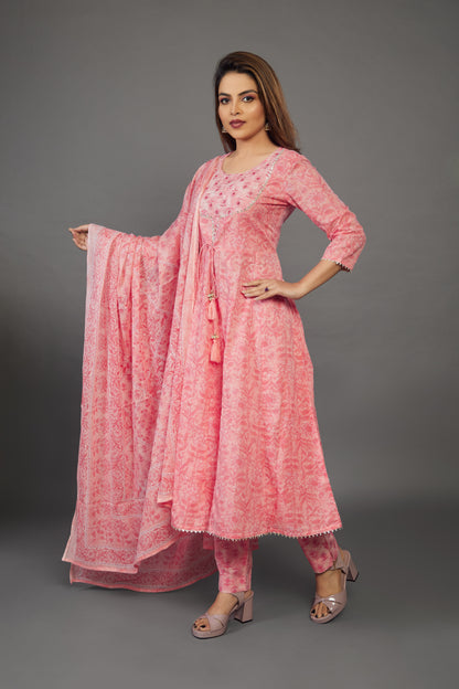 Printed Pure Cotton Punjabi Suit in Pink - prisachiofficial