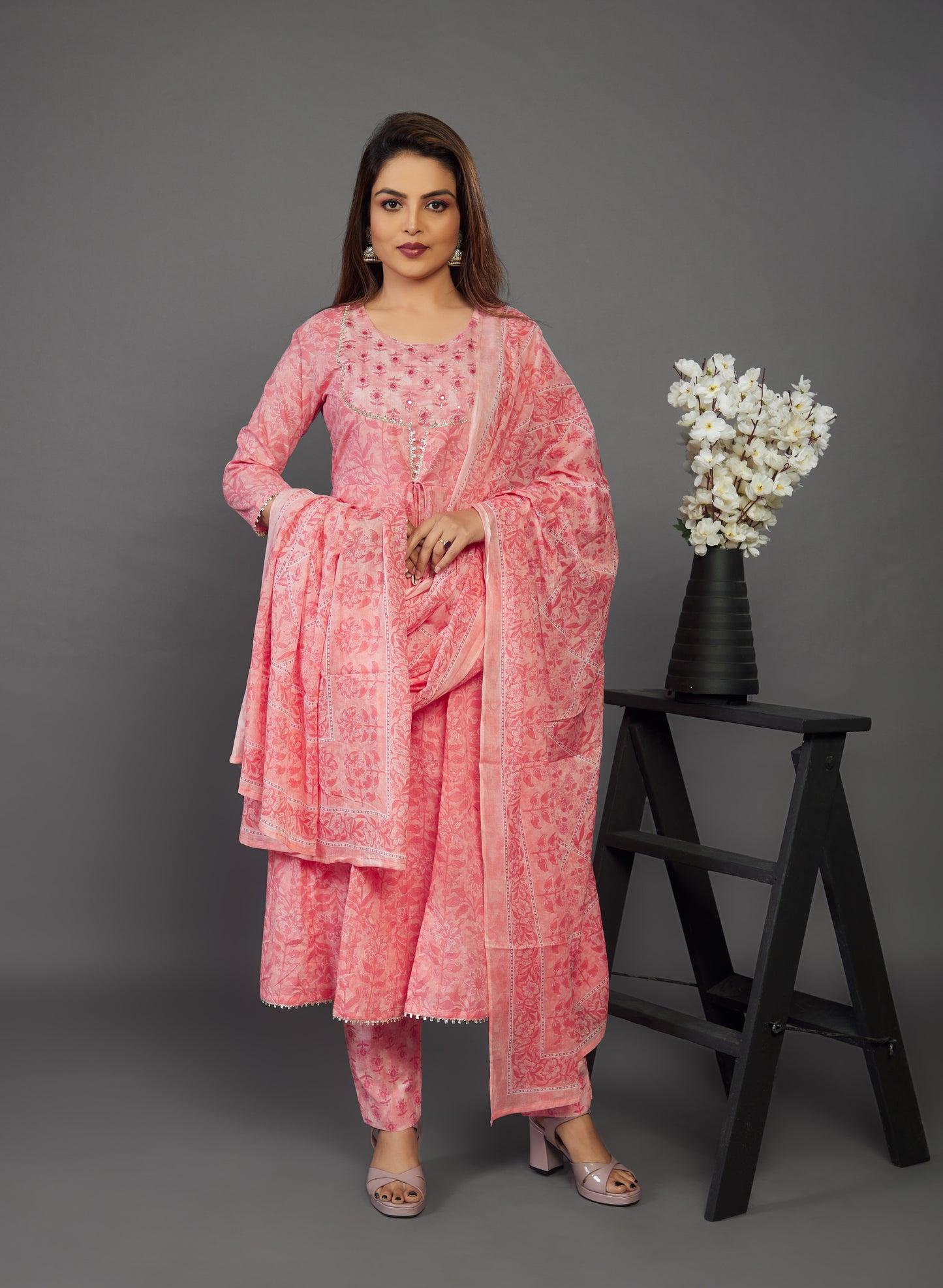 Printed Pure Cotton Punjabi Suit in Pink - prisachiofficial