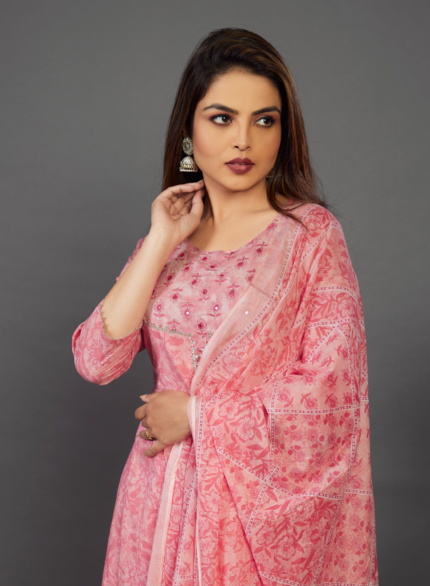 Printed Pure Cotton Punjabi Suit in Pink - prisachiofficial