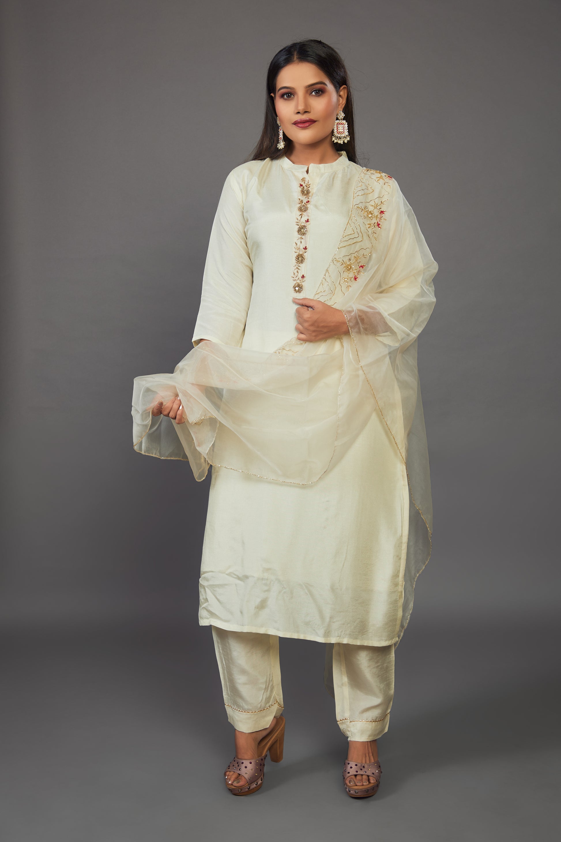 Off-white Handcrafted Straight Cotton Silk Kurta Set - prisachiofficial