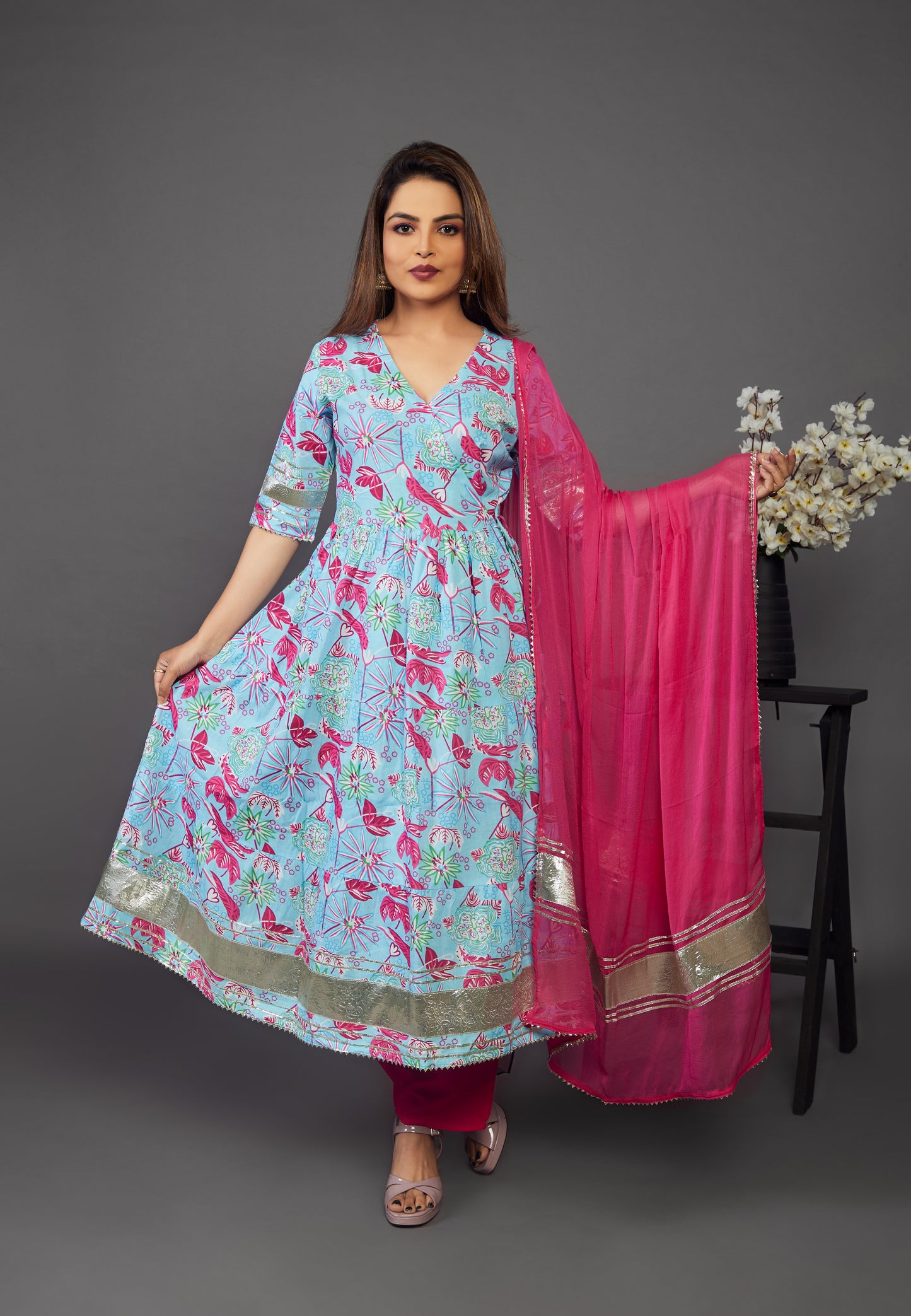 Sky blue Anarkali gown and pant with dupttaa - Prisachi Official