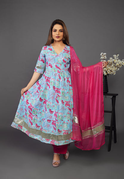 Sky blue Anarkali gown and pant with dupttaa - Prisachi Official