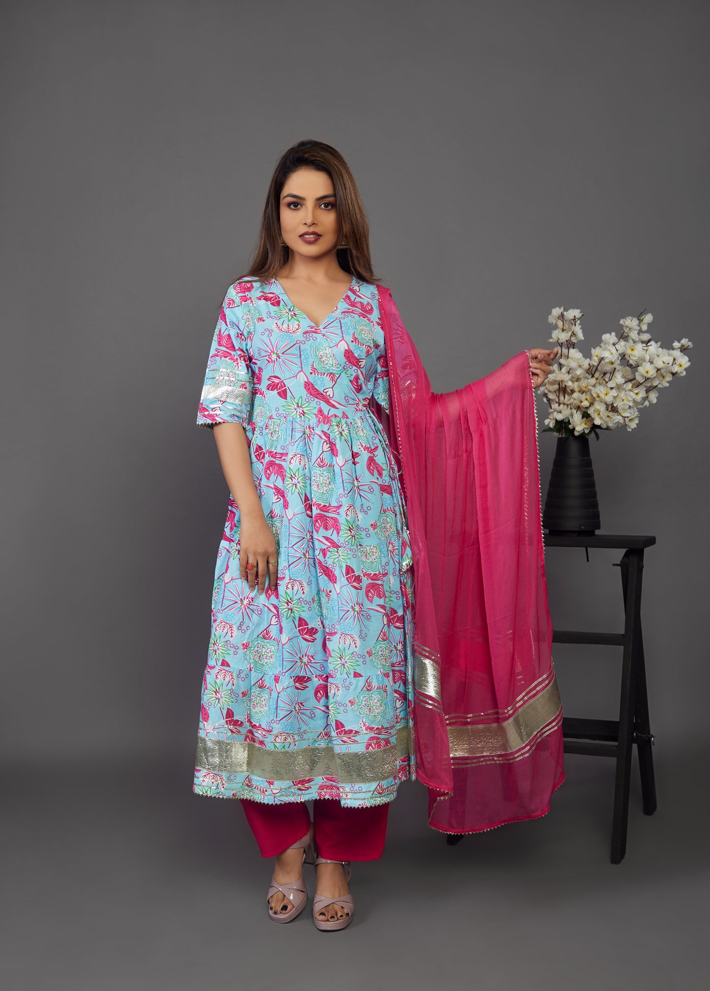 Sky blue Anarkali gown and pant with dupttaa - Prisachi Official