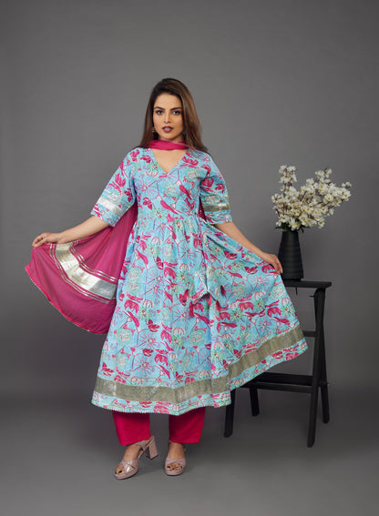 Sky blue Anarkali gown and pant with dupttaa - Prisachi Official