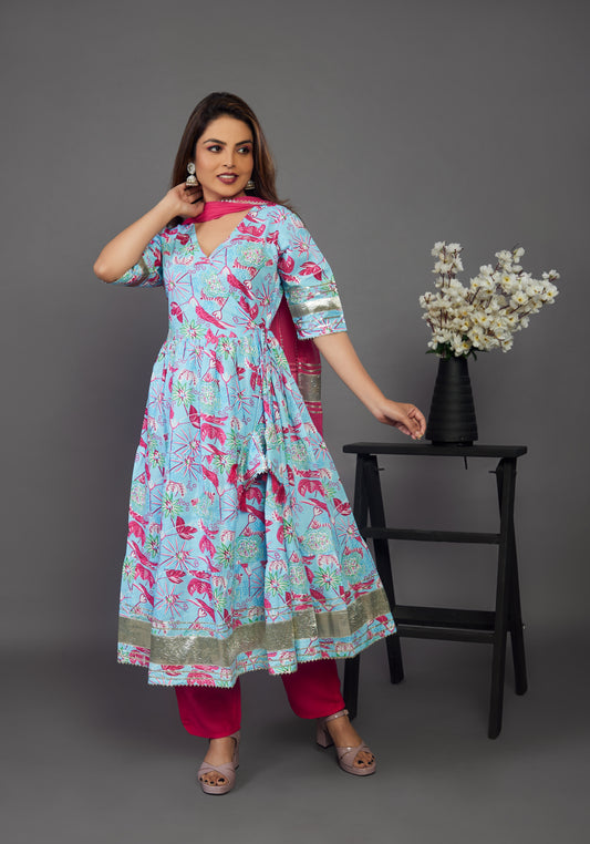 Sky blue Anarkali gown and pant with dupttaa - Prisachi Official