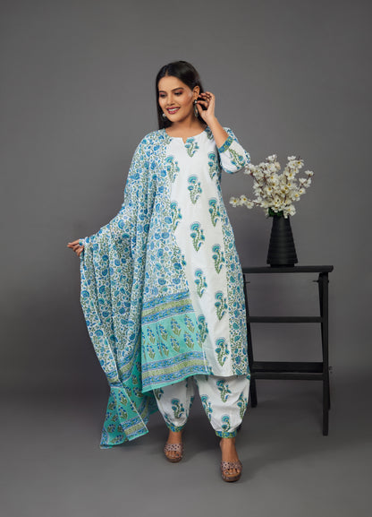 White Floral Punjabi Kurta Set with Dupatta - Prisachi Official