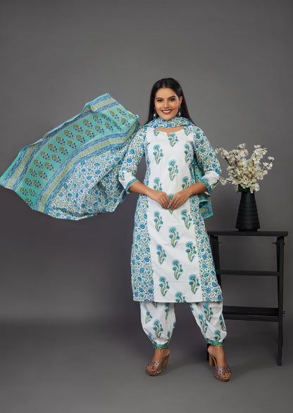 White Floral Punjabi Kurta Set with Dupatta - Prisachi Official