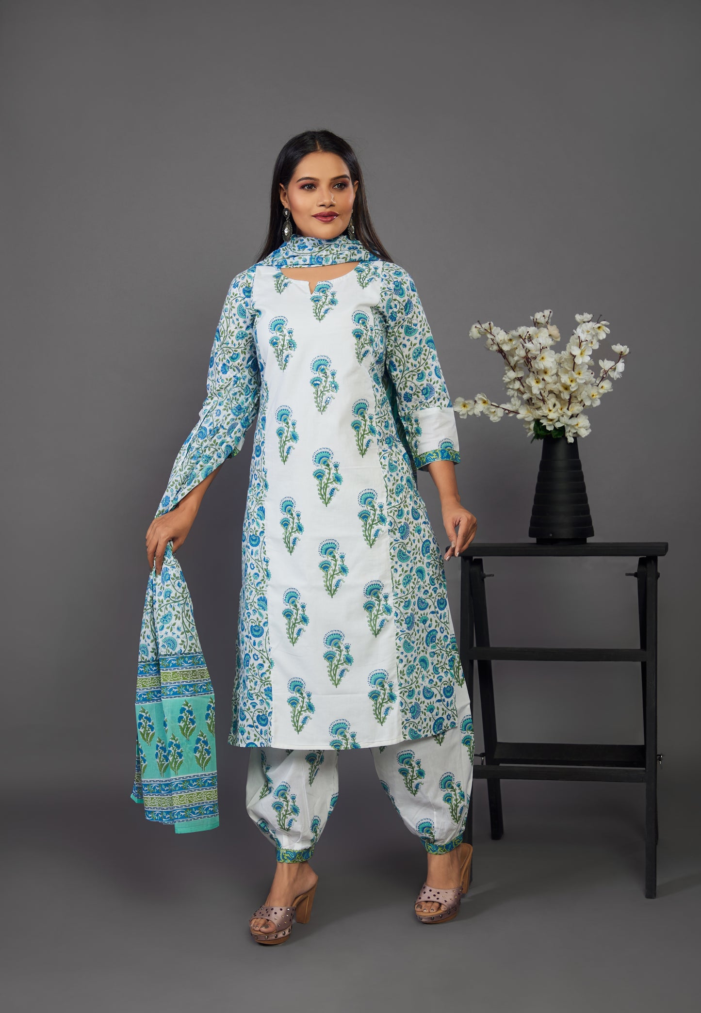 White Floral Punjabi Kurta Set with Dupatta - Prisachi Official