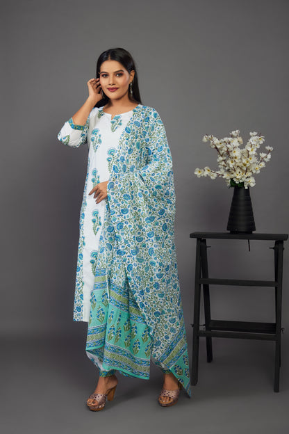 White Floral Punjabi Kurta Set with Dupatta - Prisachi Official