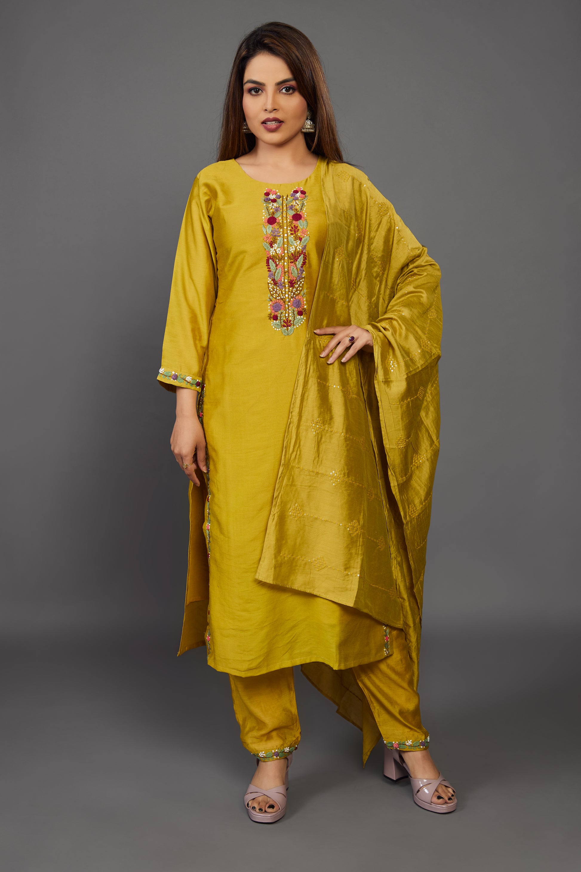 Yellow embroidered cotton silk kurta set with dupatta - Prisachi Official