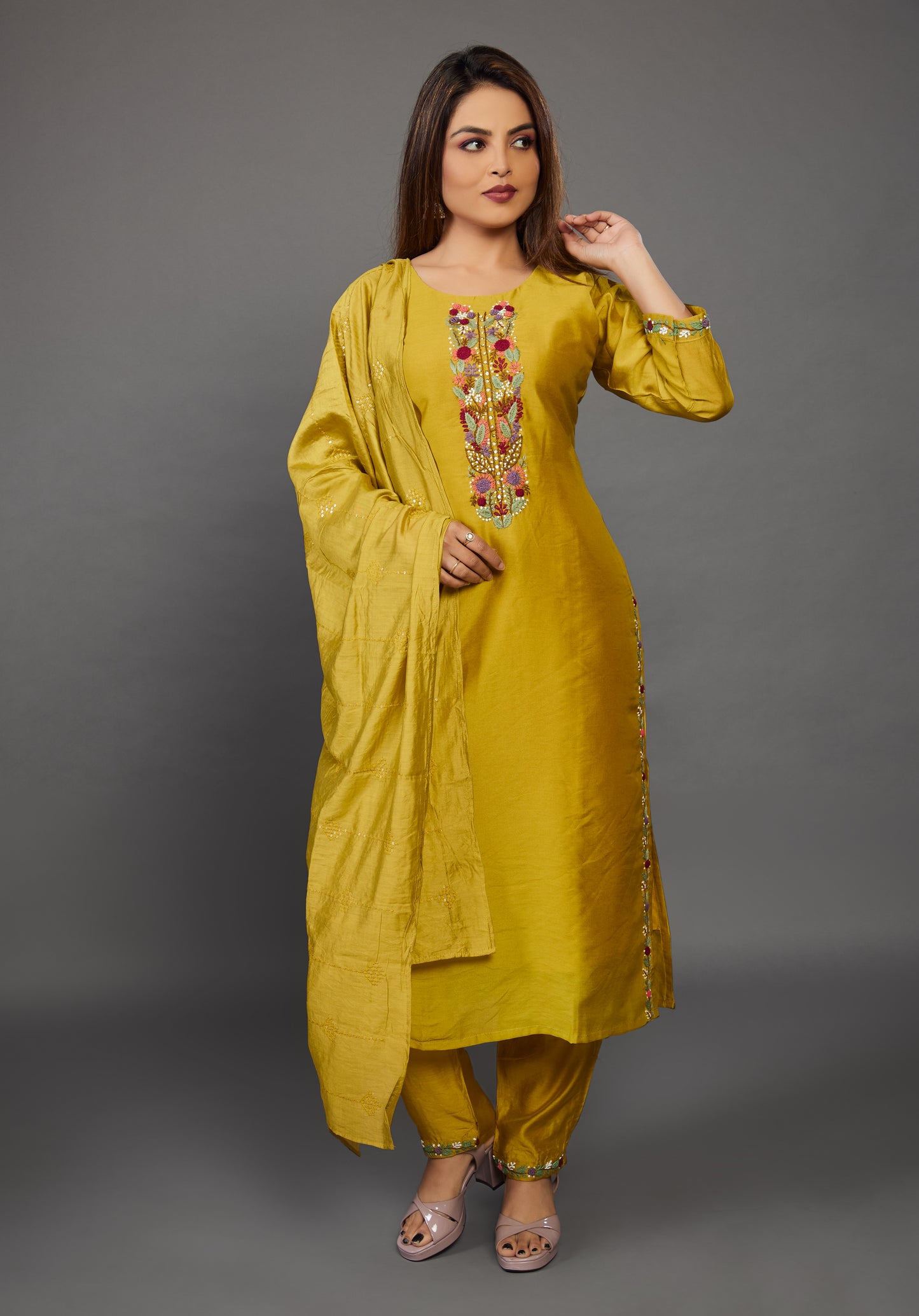 Yellow embroidered cotton silk kurta set with dupatta - Prisachi Official