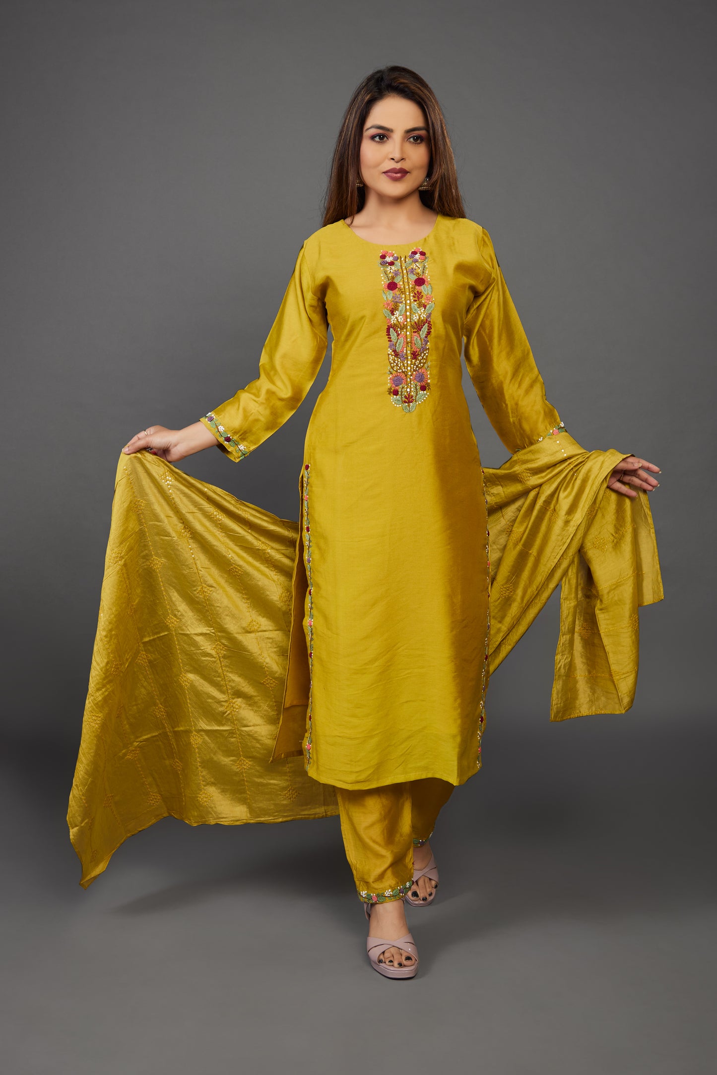 Yellow embroidered cotton silk kurta set with dupatta - Prisachi Official