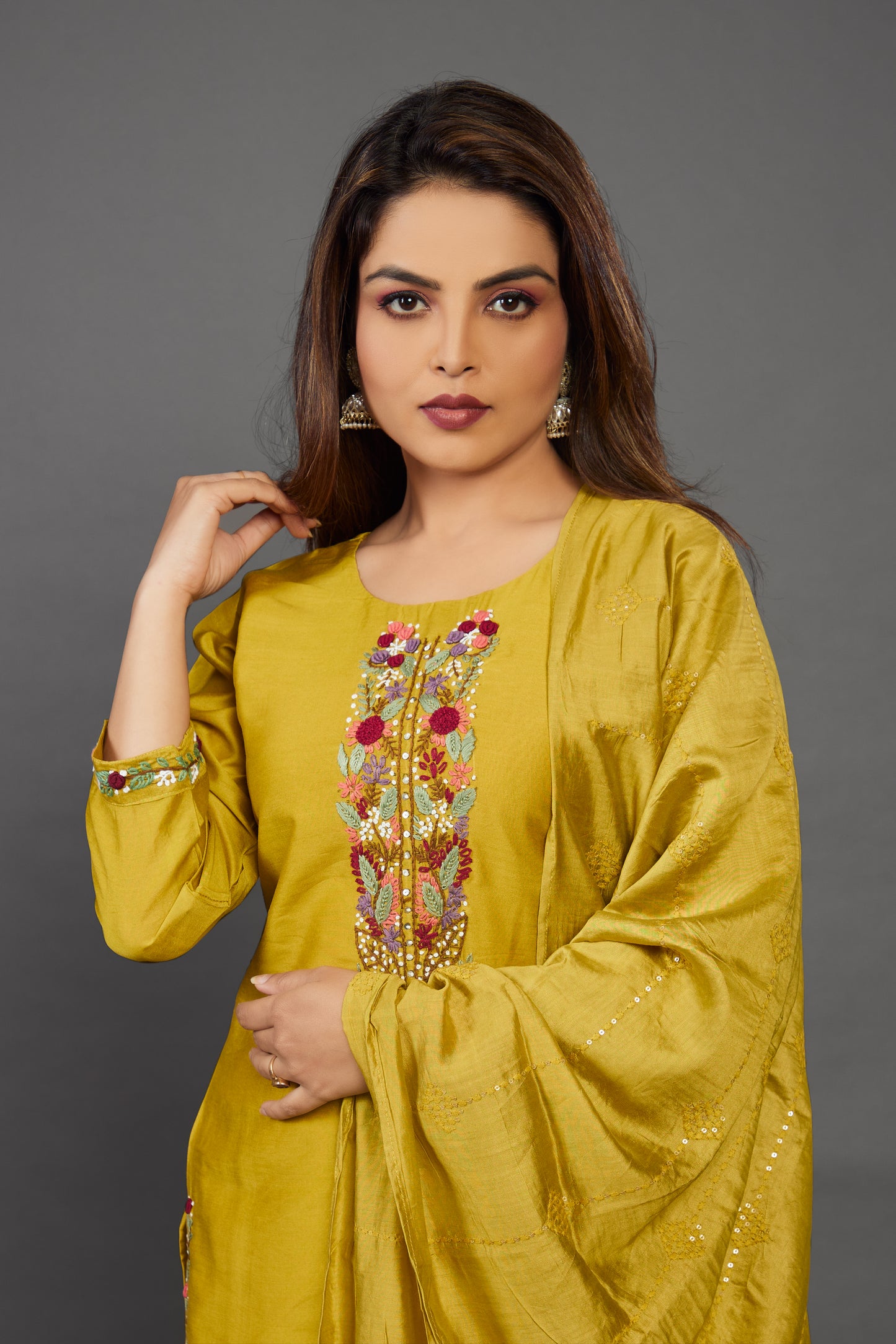 Yellow embroidered cotton silk kurta set with dupatta - Prisachi Official