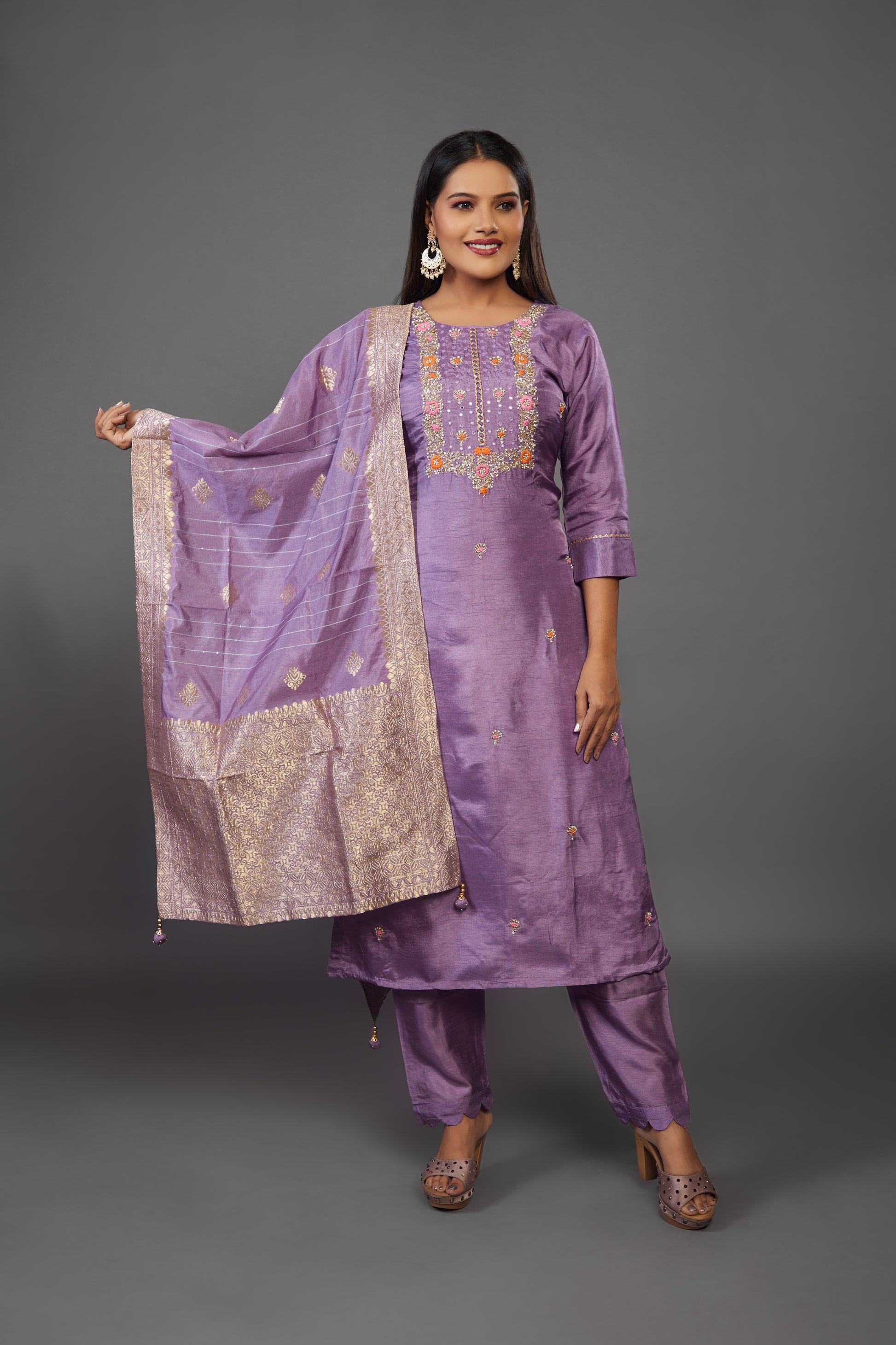 Purple embroidery silk kurta set with dupatta - Prisachi Official