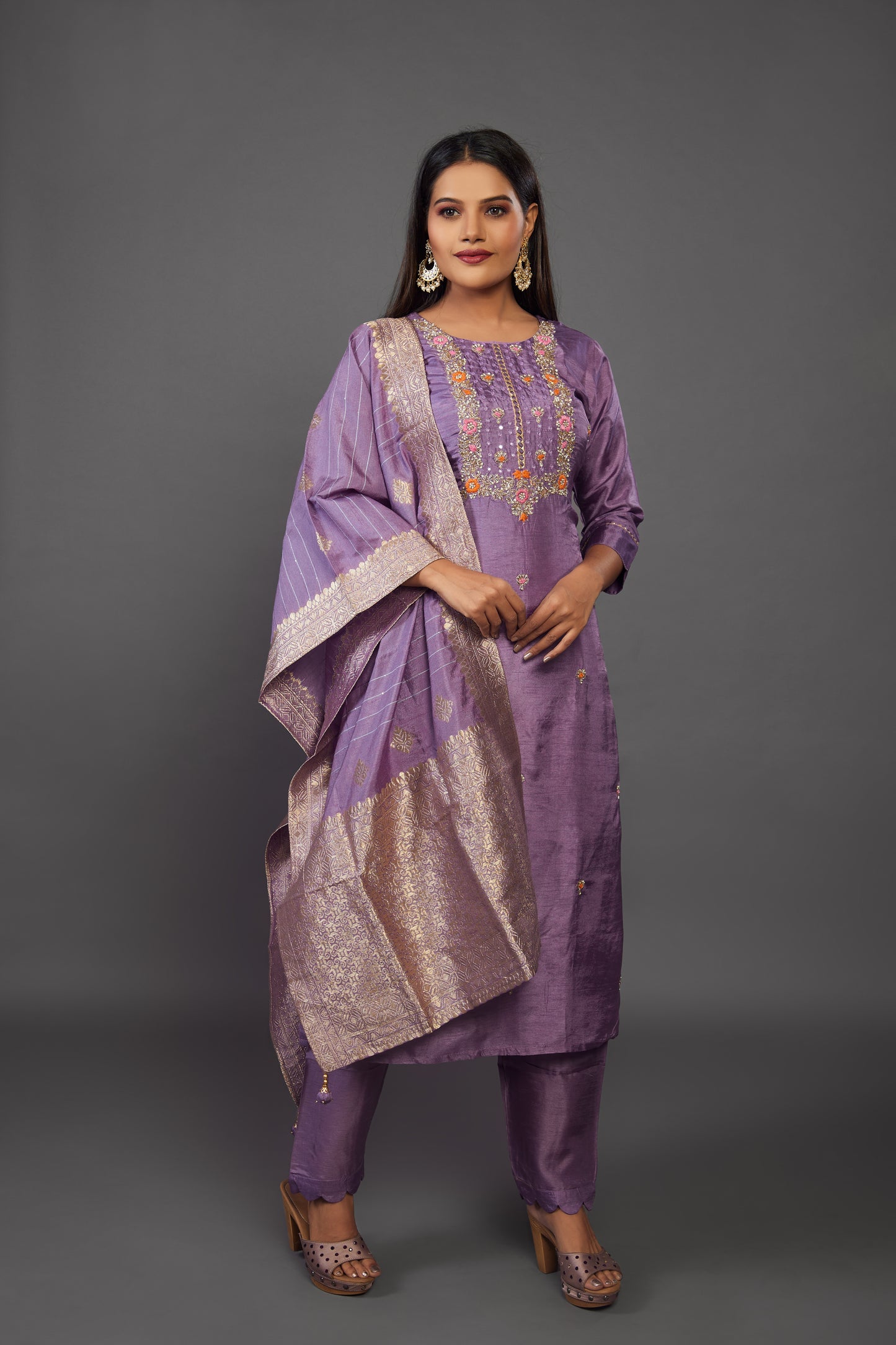 Purple embroidery silk kurta set with dupatta - Prisachi Official