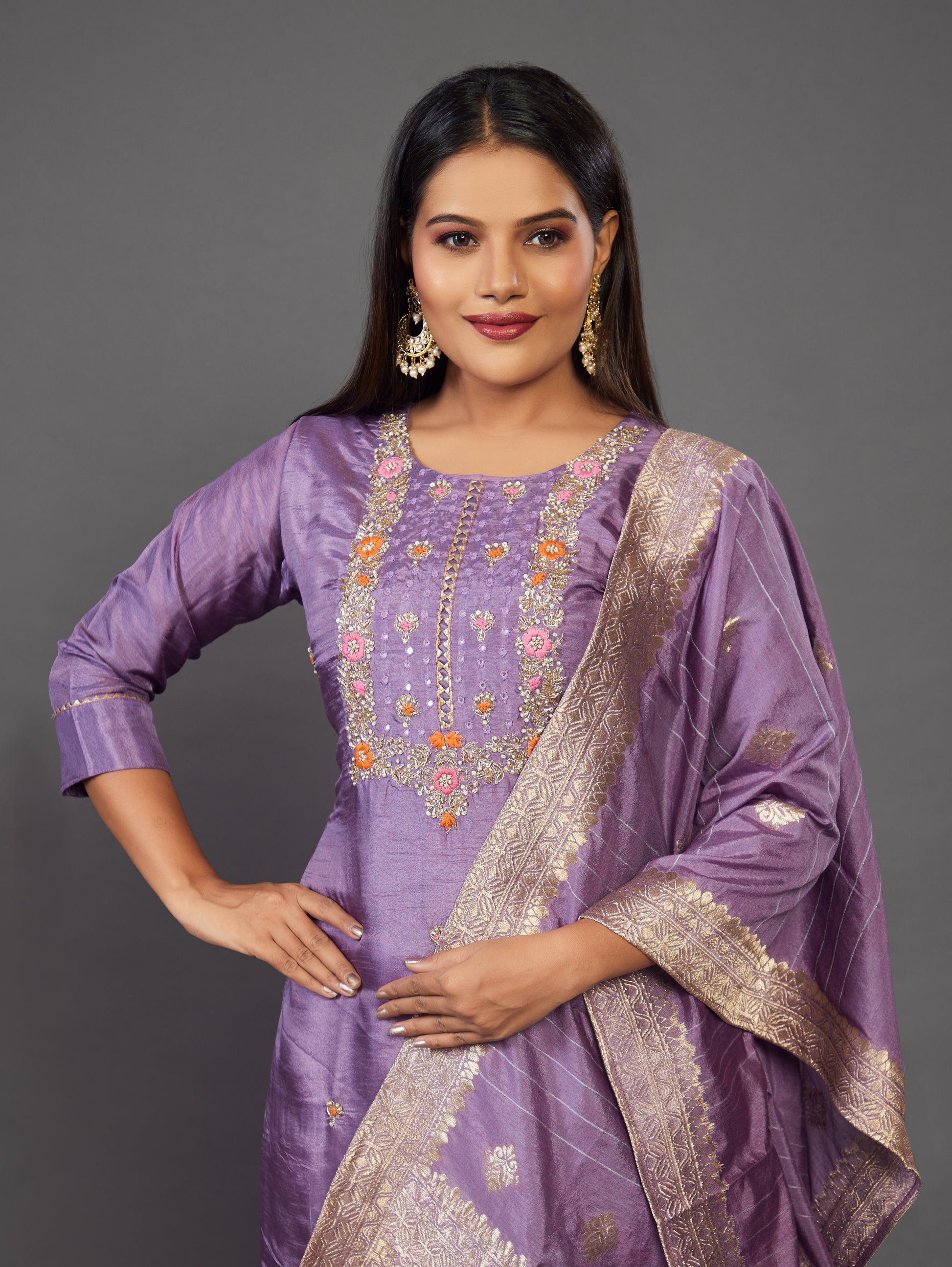 Purple embroidery silk kurta set with dupatta - Prisachi Official