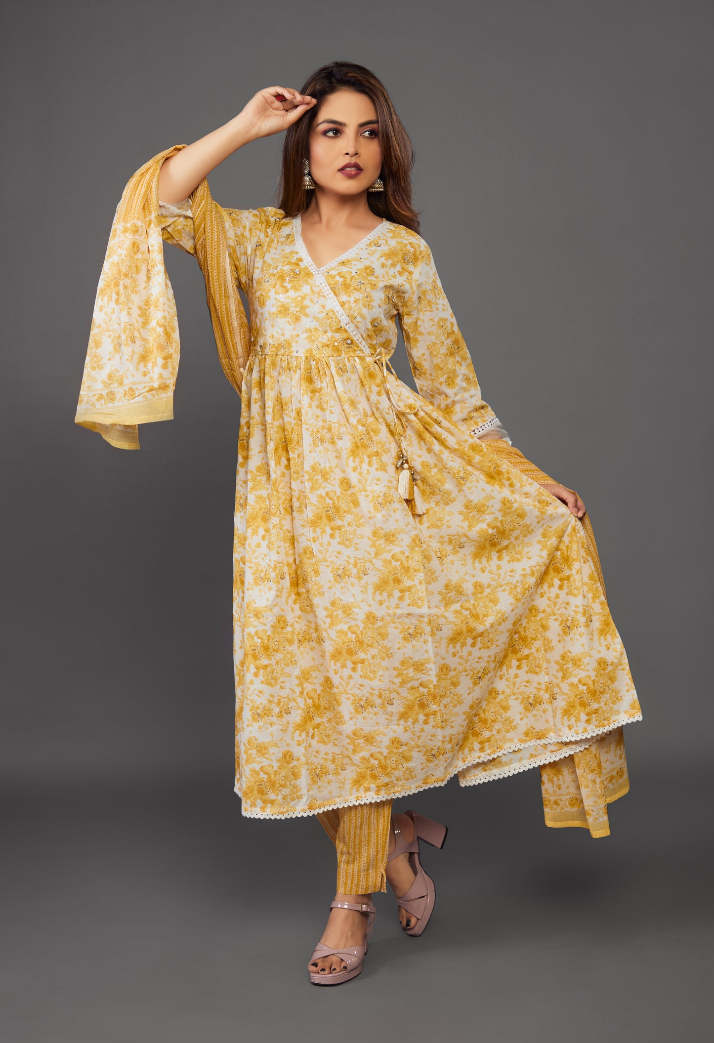 Yellow Floral Print Anarkali Dress - prisachiofficial